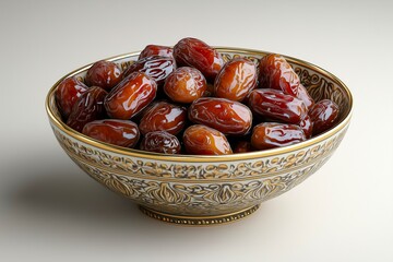 Obraz premium Ornate bowl filled with glossy dates, set against a neutral background. The dates have a rich brown color with a natural wrinkled texture.