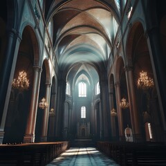 Fototapeta premium Sunlit cathedral interior, awe-inspiring.