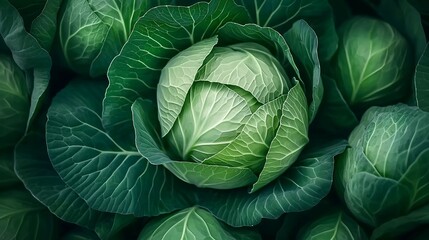 Fototapeta premium A vibrant green cabbage rests at the center of rich green leaves, showcasing its freshness and healthy growth in a thriving garden setting