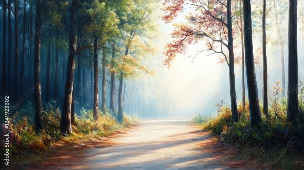 Poster serene forest pathway with soft light filtering through trees and colorful leaves in autumn season