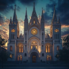 Fototapeta premium Gothic church at sunset's glow