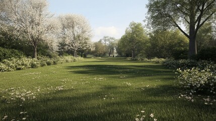 Obraz premium Spring park, grassy path, blooming trees, sunny day, nature scene, perfect for websites, cards