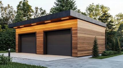 Modern Wooden Garage: A sleek, contemporary two-car garage with a wooden facade and a flat roof, illuminated by warm lighting in the evening, exudes a sense of modern luxury and functionality.