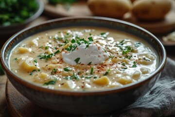 Creamy potato soup, rustic kitchen setting