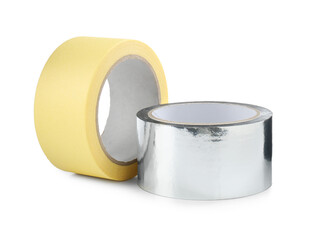 Rolls of adhesive and masking tape isolated on white