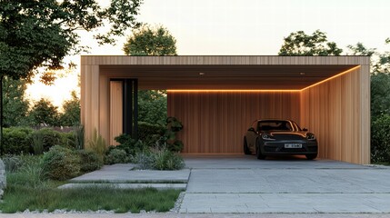 Modern Carport Design: A sleek, minimalist carport with wooden cladding and warm lighting provides stylish protection for a car, blending seamlessly into a contemporary landscape design.