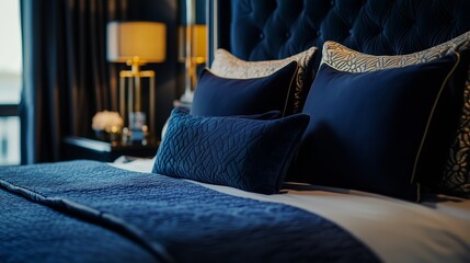 Elegant navy blue-themed bedroom with dark blue pillows and rich textures, sophisticated lighting, cinematic composition