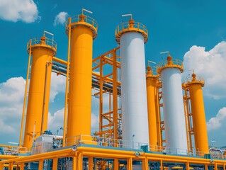 Bright Yellow Industrial Silos Against Blue Sky with Clouds