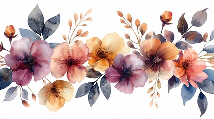 Watercolor Painting of a Beautiful Autumn Floral Arrangement with Various Shades of Pink, Orange, and Purple Flowers and GrayishBlue Leaves