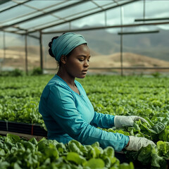 a cinematic image of a female South African farm worker dressed in a blue shirt working in a lettuce hydroponics farm