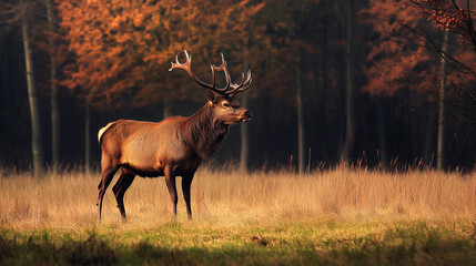 A majestic stag with impressive antlers stands in an autumnal field, perfect for nature and wildlife campaigns