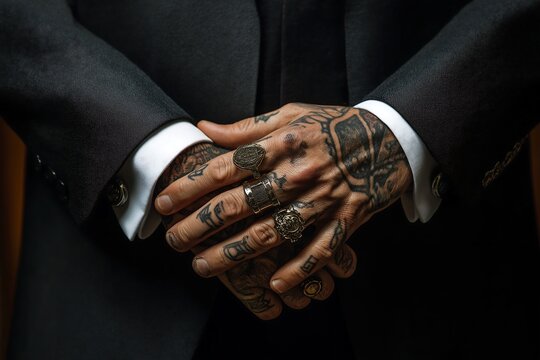 mafia boss showing his hands with tattoos