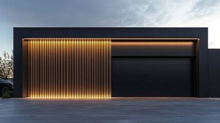 Modern Minimalist Garage Design: An architectural masterpiece, a sleek black garage with a contrasting wooden slatted wall, bathed in warm ambient lighting. The garage door remains closed.