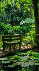 Obraz premium Serene Pond with Reflective Waters and Lush Greenery, Featuring Lily Pads and Sunlit Foliage
