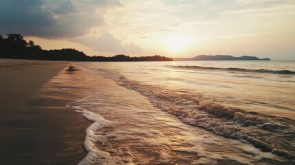 Naklejka premium Sunset beach waves, tropical landscape, calm ocean, travel