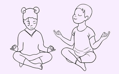 Minimalist vector illustration of two children in a meditation lesson in linear style. Yoga, lifestyle.