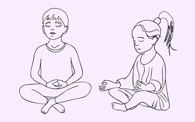 Line drawing of meditating children. Yoga relaxation, meditation. lifestyle. Vector illustration