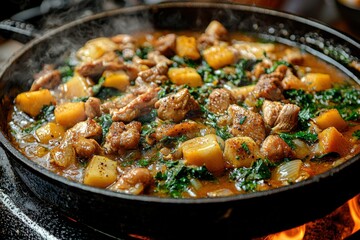 Savory Chicken and Vegetable Stew with Herbs in Cast Iron Skillet