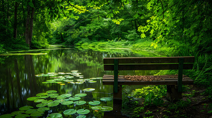 Serene Pond with Reflective Waters and Lush Greenery, Featuring Lily Pads and Sunlit Foliage
