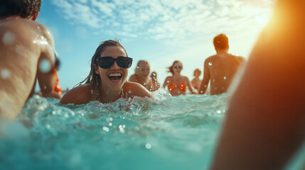A vibrant group of diverse friends laughing and splashing in the crystal-clear ocean waves, sunlight reflecting off the water, capturing the essence of summer joy.