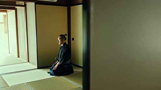 Samurai Warrior Meditating in Traditional Japanese Room: A Serene Moment of Contemplation and Peace