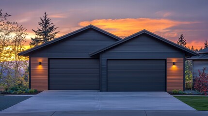 Obraz premium Modern Home at Sunset: A contemporary two-car garage home with dark gray siding and warm wood accents is beautifully illuminated by the sunset's warm glow.