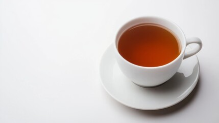 Fototapeta premium Teacup of hot tea on saucer, white background, calm scene, perfect for website banners