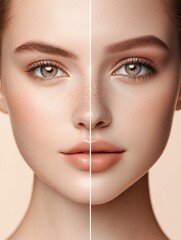 Natural and enhanced beauty contrast illustrated through makeup on one side and no makeup on the other side. Generative AI