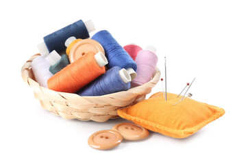 Many different sewing supplies isolated on white