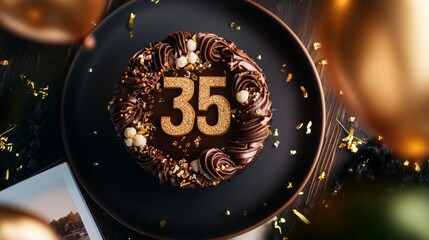 A decadent chocolate cake celebrating 35 years.