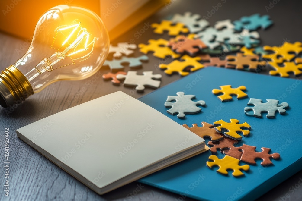 Poster an open notebook sits beside a glowing light bulb, surrounded by colorful puzzle pieces scattered on