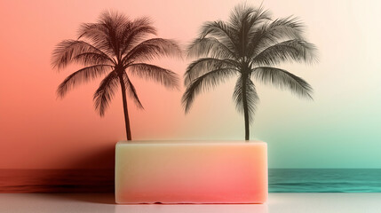 Fototapeta premium A dreamy tropical evening where palm trees stand silhouetted against an artistically blended sunset of faded rose, teal green, and soft caramel tones, evoking a nostalgic summer vi