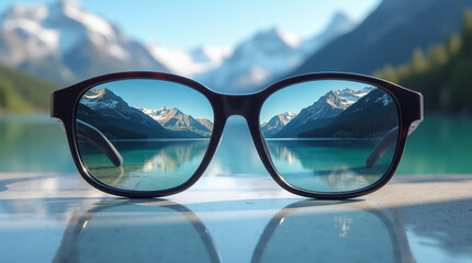 Glasses reflecting a stunning mountain landscape. The lenses show snow-capped peaks, a clear lake, and a bright blue sky. 