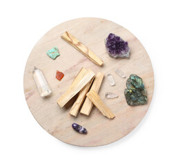 Palo santo sticks and gemstones isolated on white, top view
