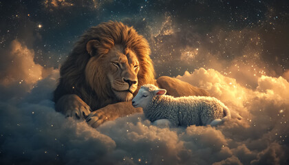 lion and lamb together, christianity Jesus symbolism concept, bible and religion