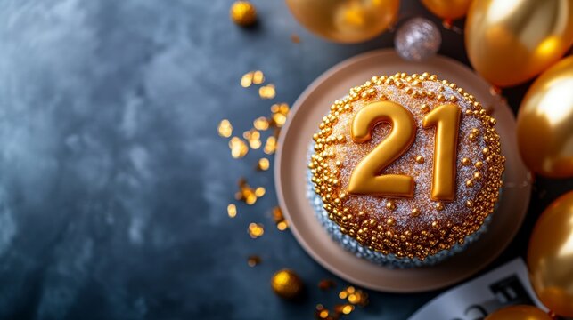 A celebratory 21st birthday cake, adorned with gold accents and balloons.