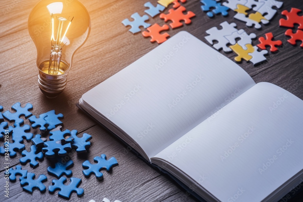 Poster a workspace setup shows an open notebook inviting ideas, accompanied by a bright light bulb and colo