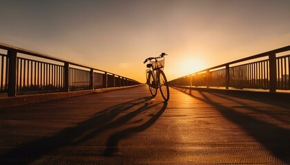 Obraz premium 고요한 다리 위, 자전거 한 대가 세워진 실루엣