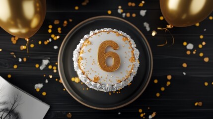 Obraz premium A celebratory six-year anniversary cake, adorned with gold accents and confetti.