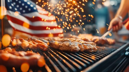 Grilled meats barbecue, sparks fly against a patriotic backdrop with American flag.