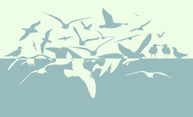 Seagulls and sea background. hand drawing. Not AI. Vector illustration