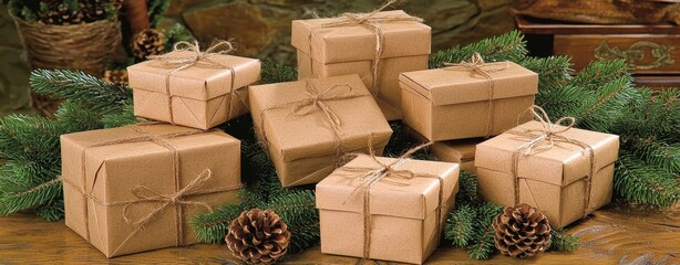 Rustic Brown Kraft Paper Gift Boxes with Pine Branches and Pine Cones