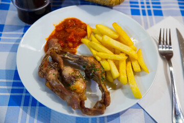 Delicious fried young rabbit served with potatoes and vegetable sauce on white plate