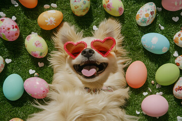 Happy Dog with Heart Sunglasses and Easter Eggs