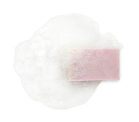 Soap with foam on white background, top view