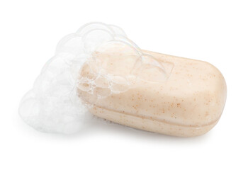 Bar soap with foam on white background