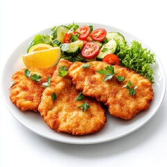 Crispy Fried Chicken Fillets with Fresh Salad and Lemon on White Plate for Healthy Meal Presentation