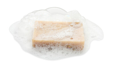 Bar soap with foam on white background