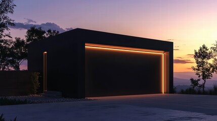Obraz premium A modern garage in deep charcoal black, minimalist, LED frame lighting, soft sunset gradient background