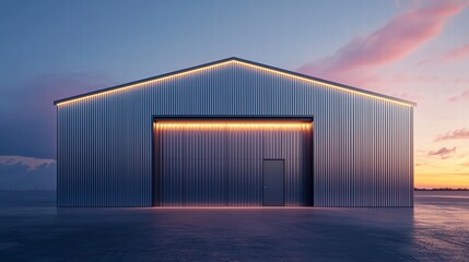Obraz premium Modern Industrial Warehouse at Sunset: A sleek, minimalist industrial warehouse with a metallic facade and illuminated doorways stands silhouetted against a breathtaking sunset sky.